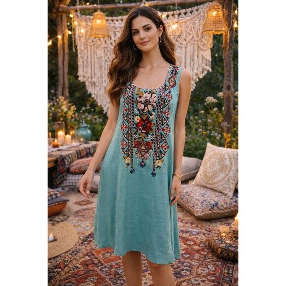 Johnny Was Dresses & Skirts - Johnny Was Beatriz Trapeze Embroidered Tunic Small Dress 100% Linen Bohemian
